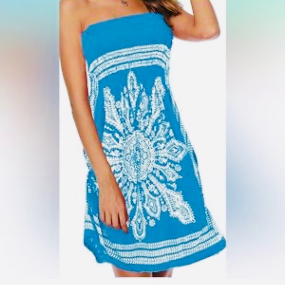 VENUS Blue & White Strapless Sundress Or Smocked Swimsuit Cover Up